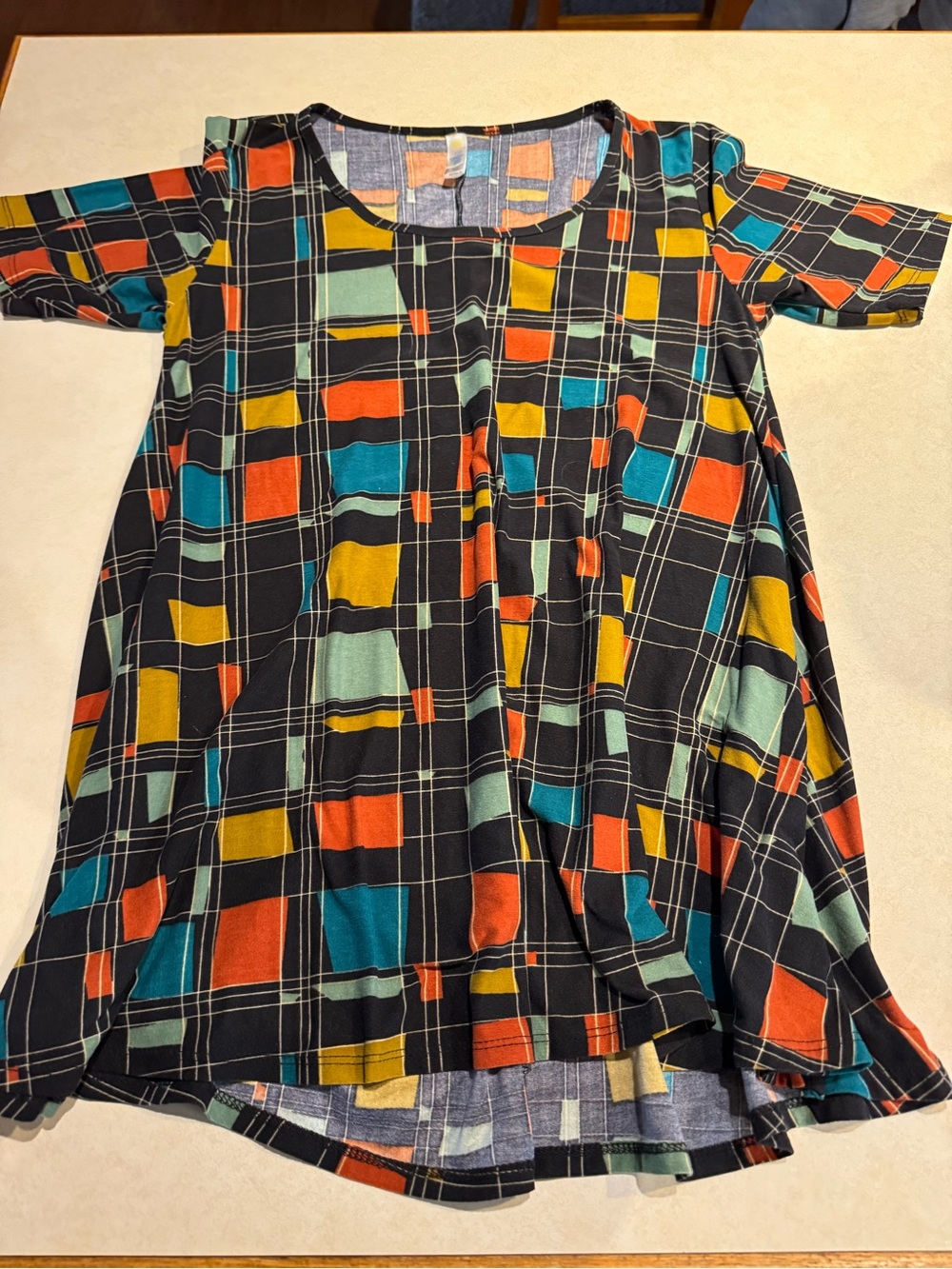 LuLaRoe Black Plaid Tunic with Teal, Orange & Mustard Blocks